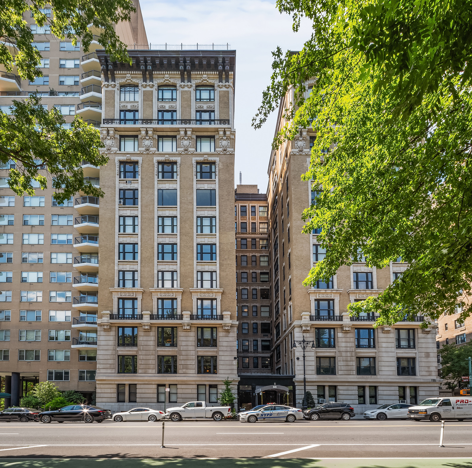 The façade of The Brentmore at 88 Central Park West, a 1910 Beaux-Arts limestone and brick building