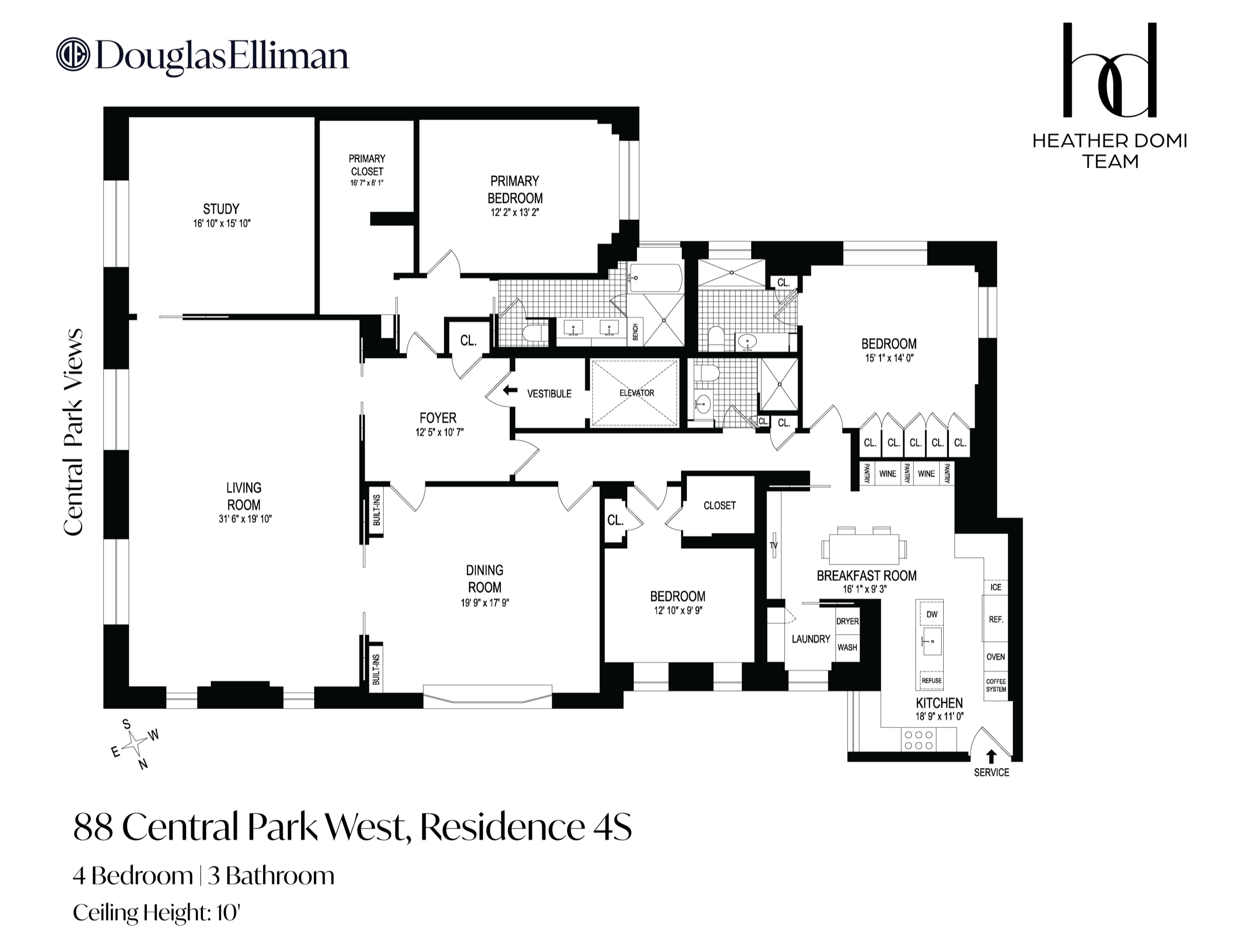Floor plan of Residence 4S at 88 Central Park West: three bedrooms, three bathrooms, 10-foot ceilings
